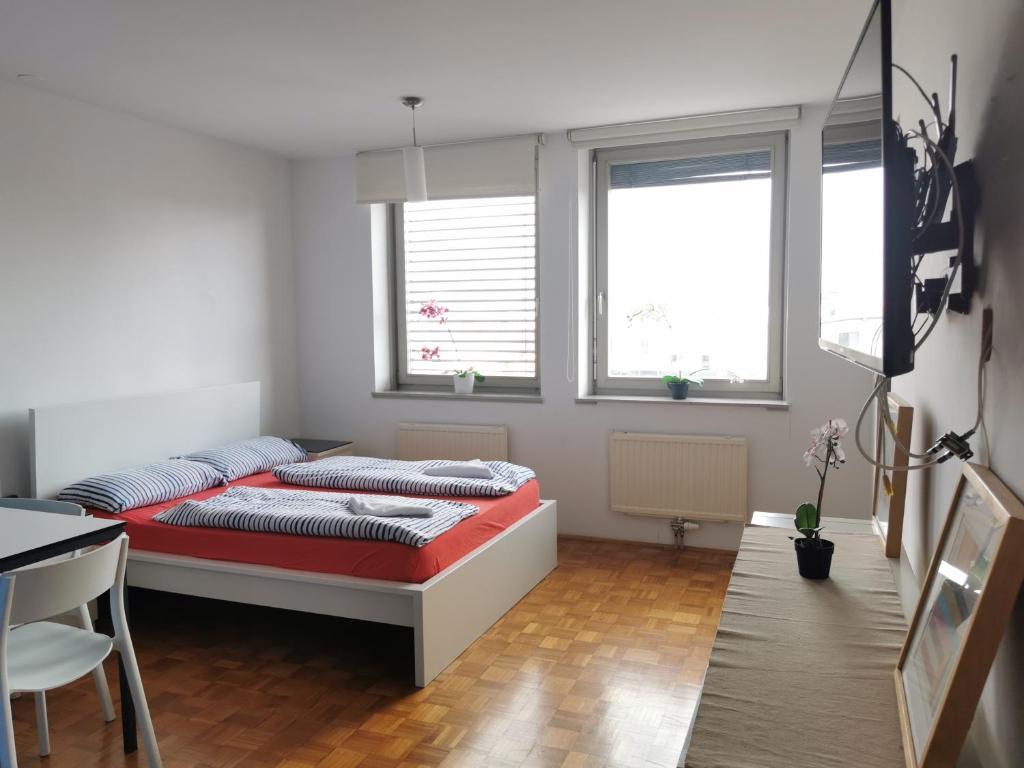 リュブリャナにあるDunajska Apartmentのベッドルーム1室(枕2つ付)