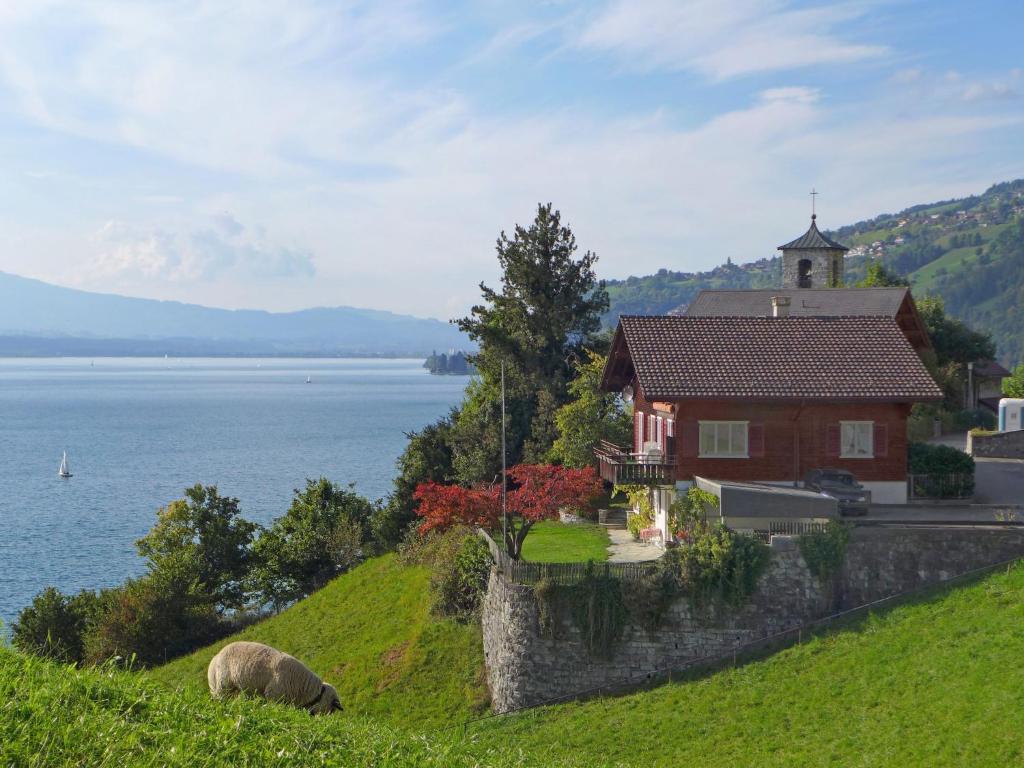 ein Haus auf einem Hügel neben einem Wasserkörper in der Unterkunft Chalet Chalet Christina by Interhome in Merligen