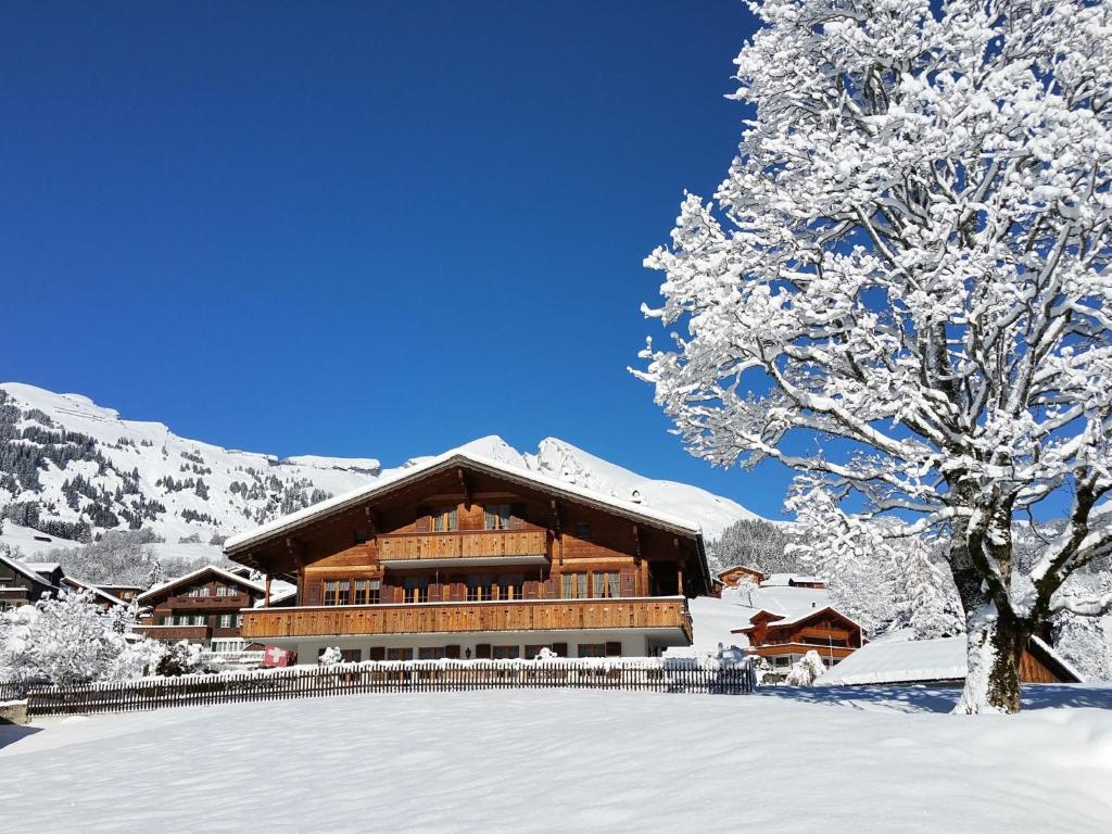 a ski lodge in the snow with a tree at Apartment Lohnerhus-1 by Interhome in Grindelwald