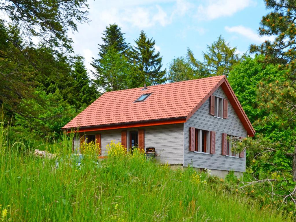 een klein huis met een rood dak in een veld bij Chalet Chalet la Frêtaz by Interhome in Bullet