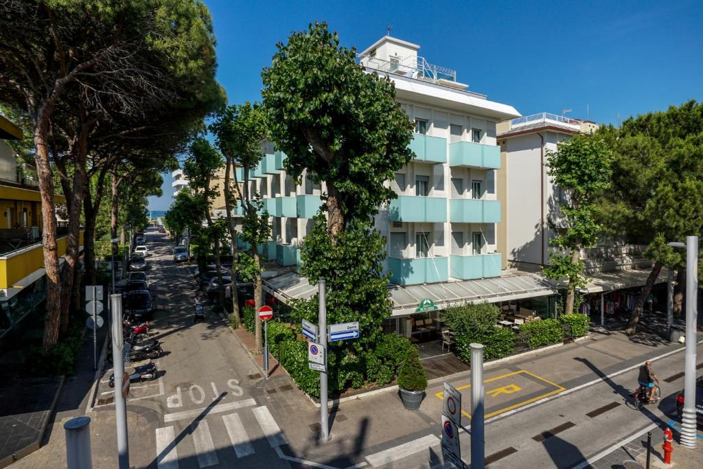 an overhead view of a city street with a building at Hotel Mon Pays in Riccione