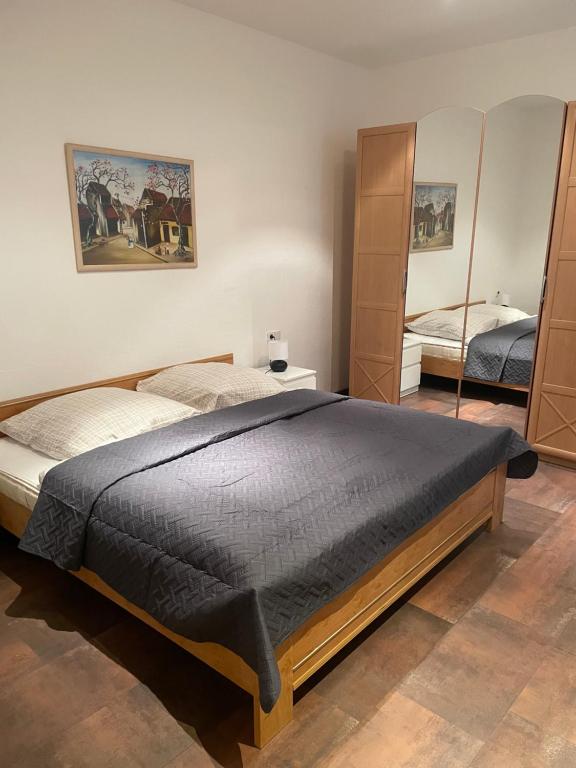 um quarto com uma cama grande e um espelho em Schöne Zweiraumwohnung im Zentrum em Aue