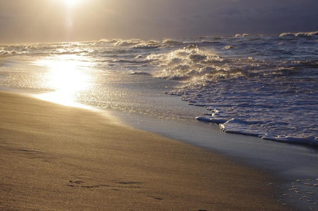 una playa con el sol reflejándose en el agua en Vieno miegamojo apartamentai Juodkrantėje, en Juodkrantė