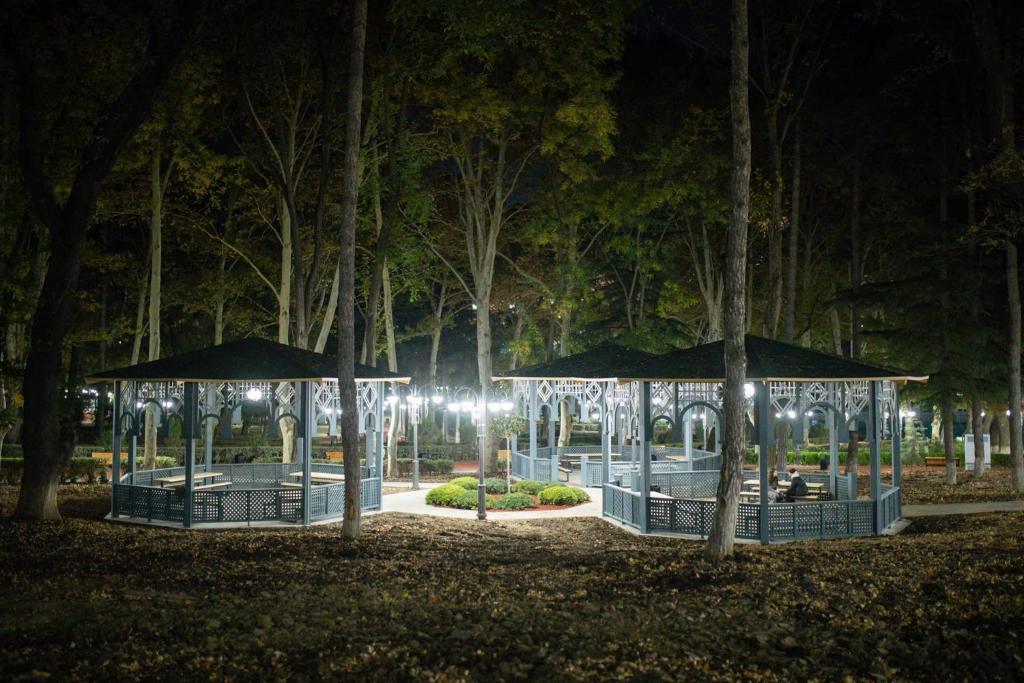 un parque de noche con dos cenadores con luces en Apartment - 200 m Near Central Park, en Tiflis