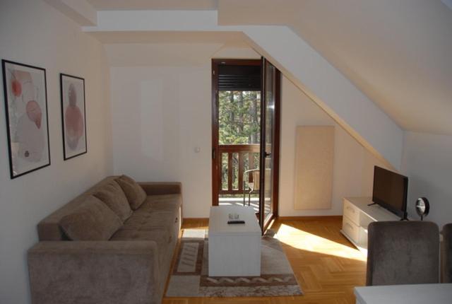 - un salon avec un canapé et une télévision dans l'établissement Apartman Filip, à Zlatibor