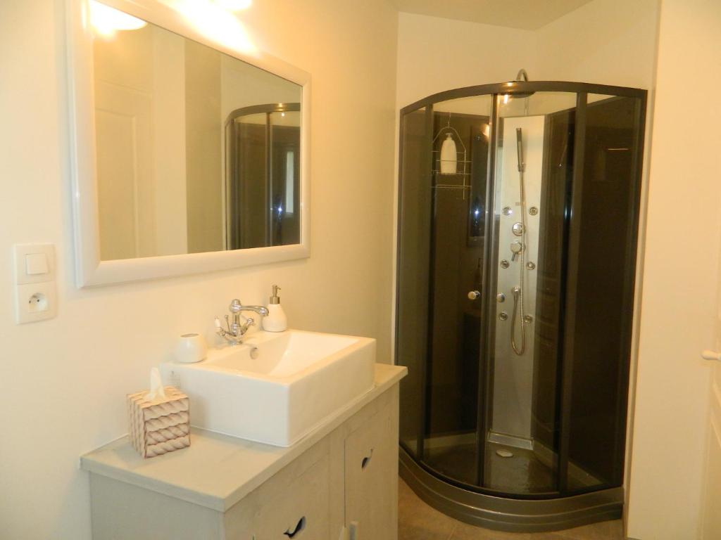 a bathroom with a sink and a shower with a mirror at Chambre d'hôtes Larosa in Moulis-en-Médoc