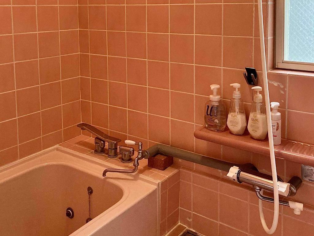 a bathroom with a bath tub and a sink at Gallery HARA and guest house in Hara