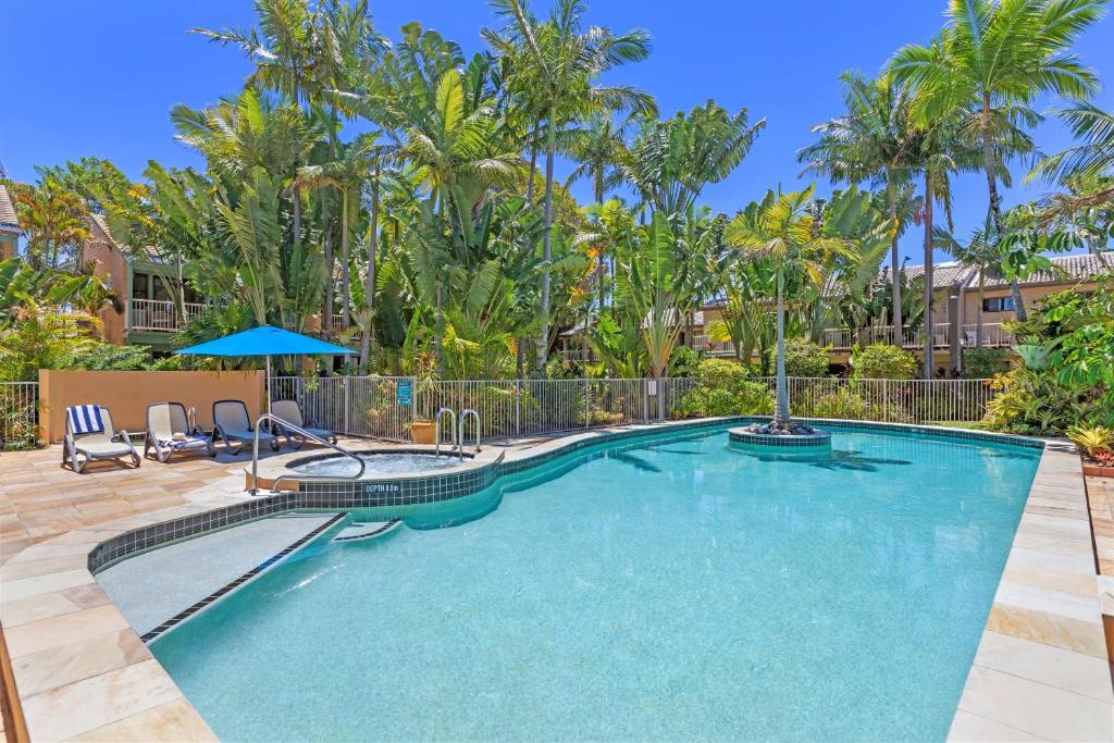 uma piscina num quintal com palmeiras em Noosa Village River Resort em Noosaville