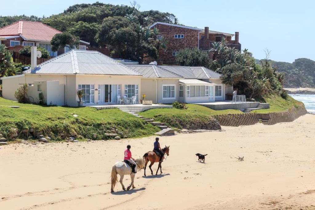 dos personas montando caballos en la playa con un perro en Clifton Cottage, en Kei-mouth Village