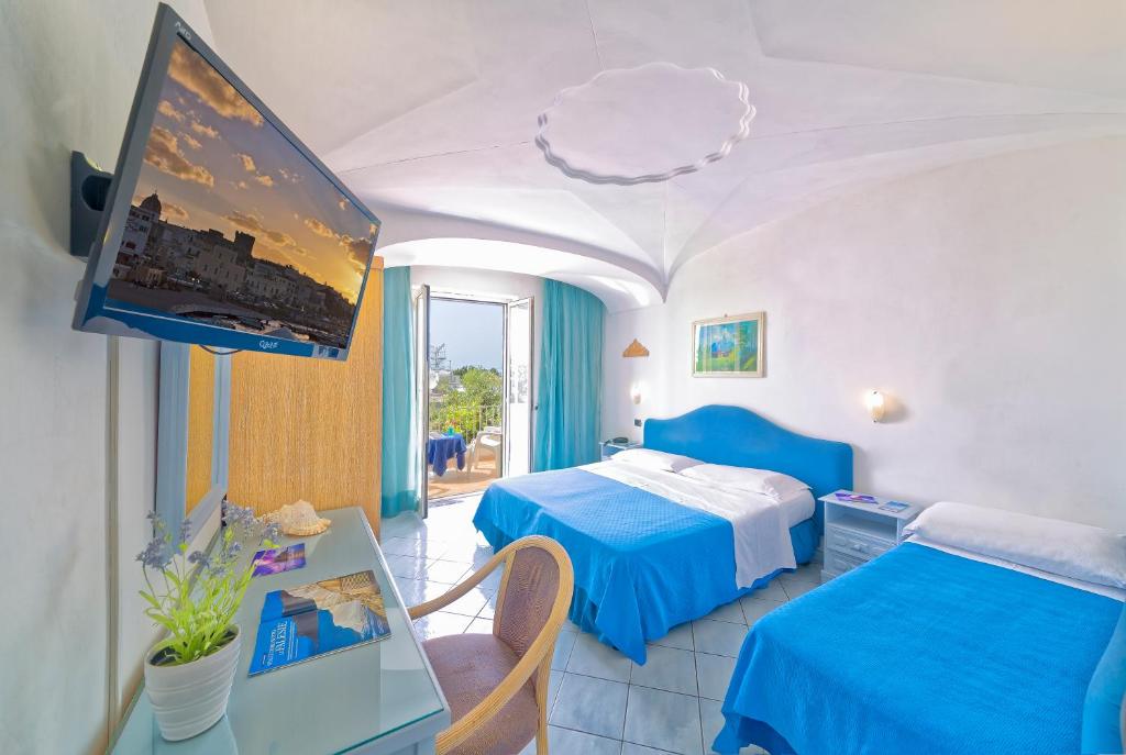 Habitación de hotel con cama y TV en Hotel Punta Imperatore, en Isquia