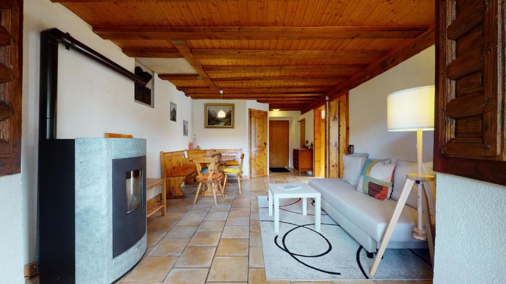 a living room with a couch and a fireplace at Les Hirondelles, cosy apartment with a magnificent view on the mountains in La Forclaz