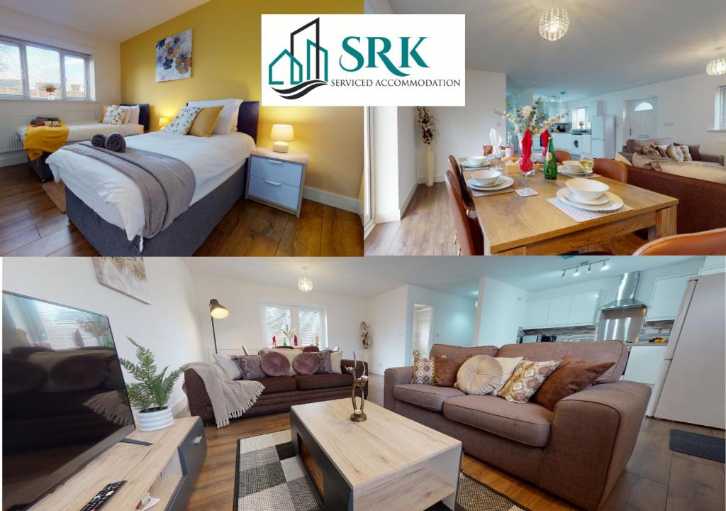 two pictures of a bedroom and a living room at SRK Serviced Accommodation, 2 Bedroom Private Apartment, Business, Leisure, Contractors in Peterborough