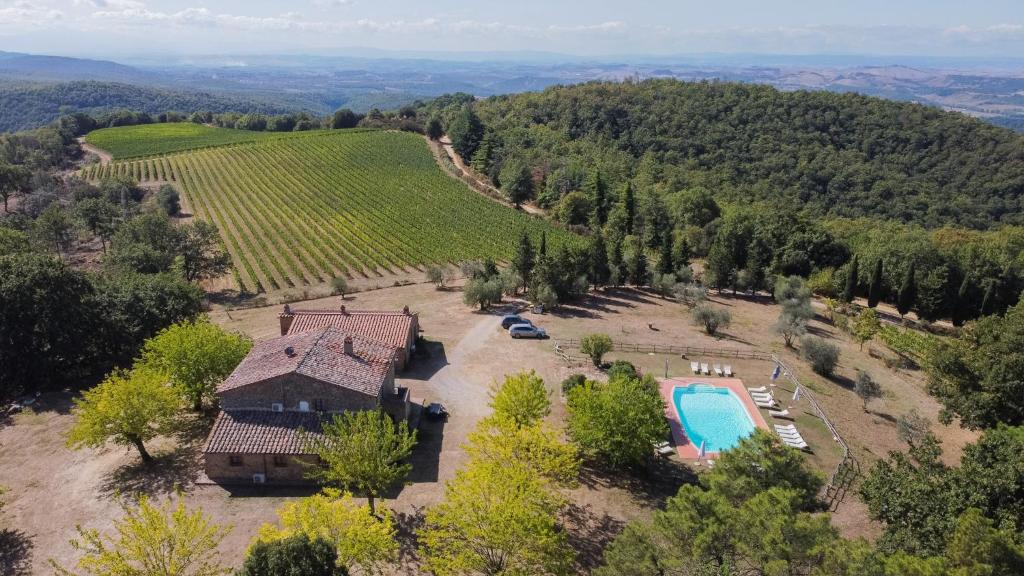 an aerial view of a estate with a swimming pool and a vineyard at BORGO MONTEMAGGIORE in Rapolano Terme