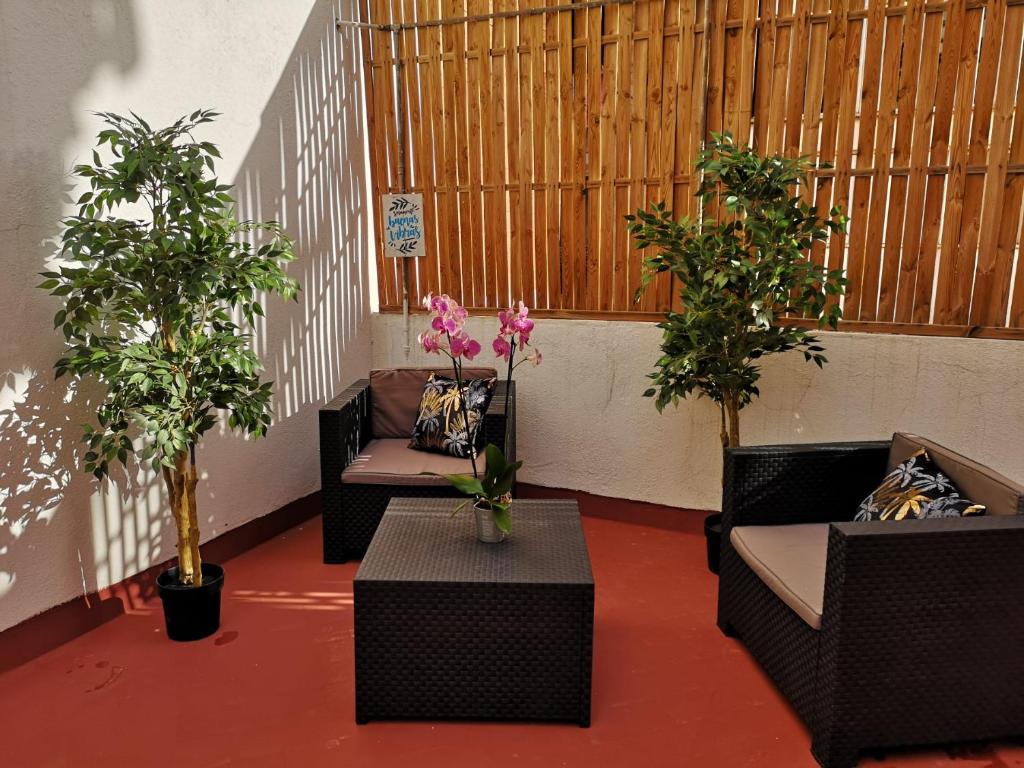 um quarto com duas cadeiras e uma mesa com vasos de plantas em Apartahotel Casa Batito em L'Hospitalet de Llobregat