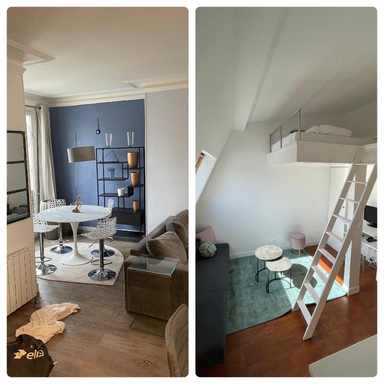 deux images d'un salon et d'une chambre avec une échelle dans l'établissement Beautiful Lincoln Apartment, à Paris
