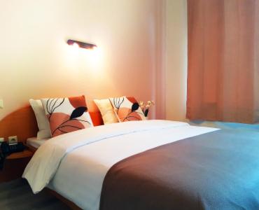 ein Schlafzimmer mit einem Bett mit Kissen darauf in der Unterkunft Hôtel La Charbonnade in Dudelange