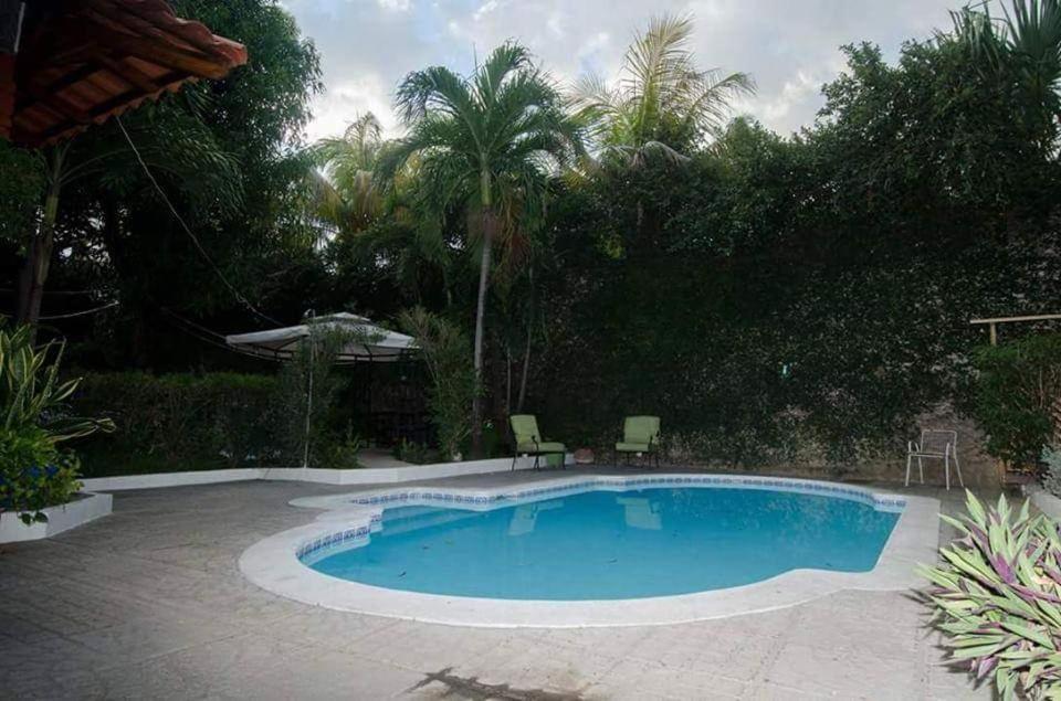 a swimming pool with two chairs in a yard at Casa Grande in San Miguel