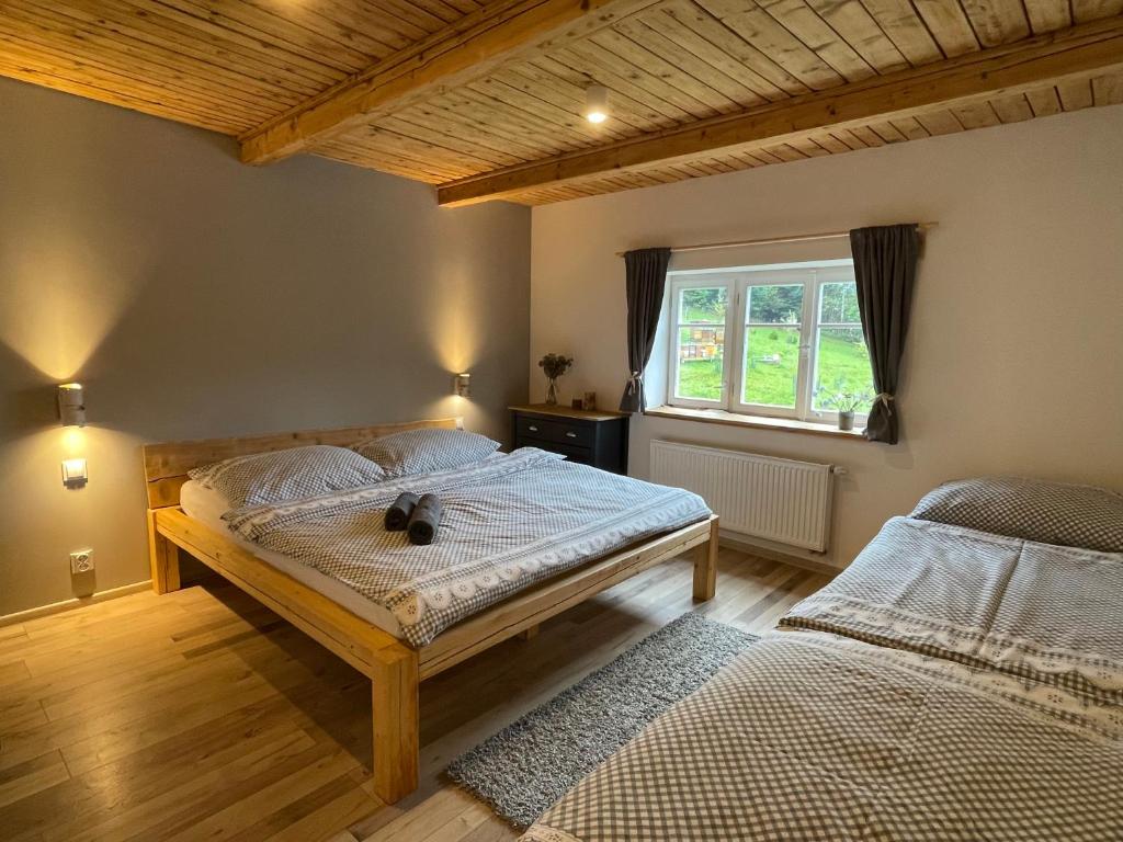 a bedroom with two beds and a window at Roubenka Jelen.ka in Rokytnice nad Jizerou