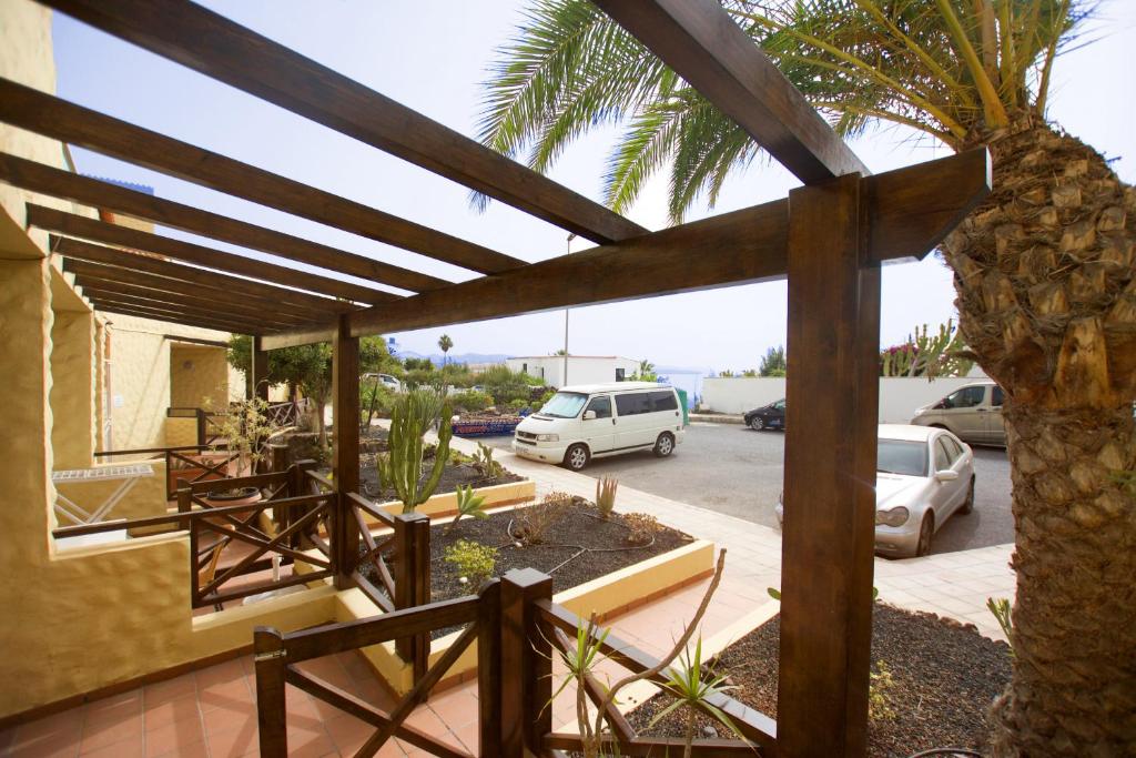 a view of a patio with a palm tree at Book Jet - HIBISCUS BEACH FRONT in Costa Calma