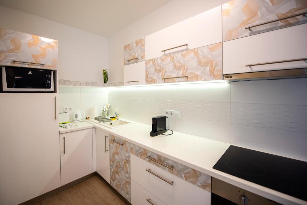 Kuchyň nebo kuchyňský kout v ubytování Lovely apartman- free parking