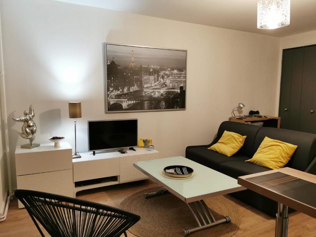 un salon avec un canapé et une télévision dans l'établissement Centre Reims Cathédrale avec balcon, à Reims