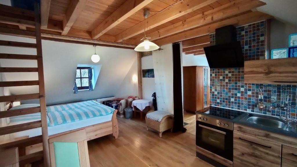 una cucina e un soggiorno con letto a castello in una camera di Ferienappartement Rondine Bekond a Bekond