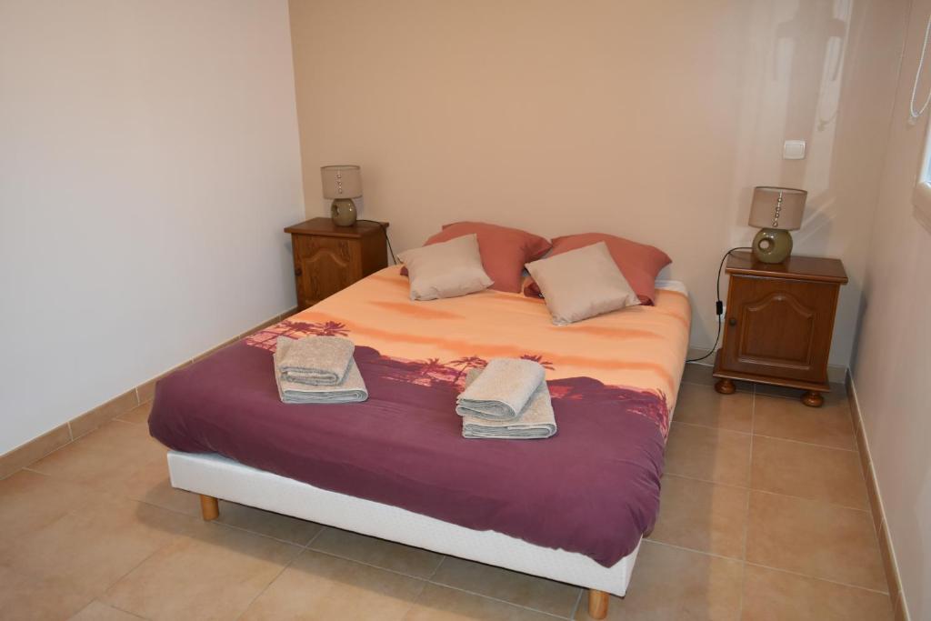 a small bedroom with a bed with two night stands at villa classée 4 étoiles avec piscine et boulodrome in Canet