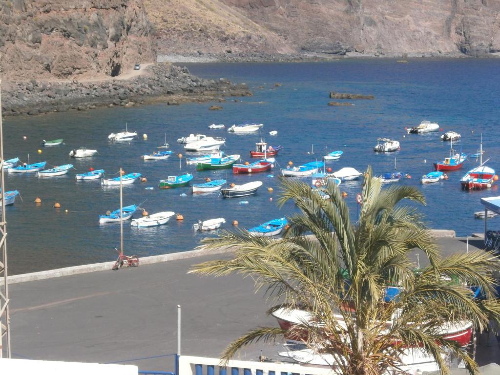 un montón de barcos en el agua cerca de una playa en Apartamentos América, en Valle Gran Rey