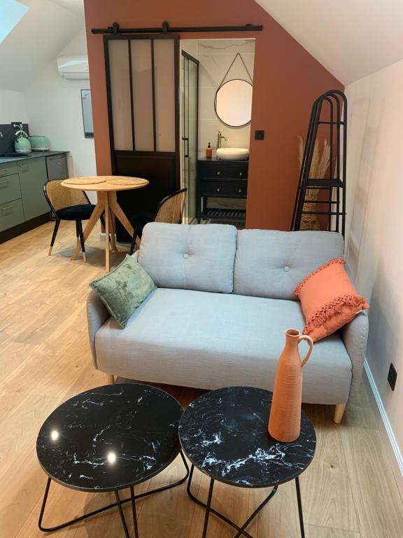 uma sala de estar com um sofá e duas mesas em Le studio d’Ambre em Chalon-sur-Saône
