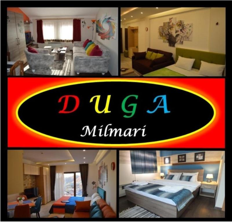 a collage of four pictures of a living room at Apartmani DUGA Milmari in Kopaonik