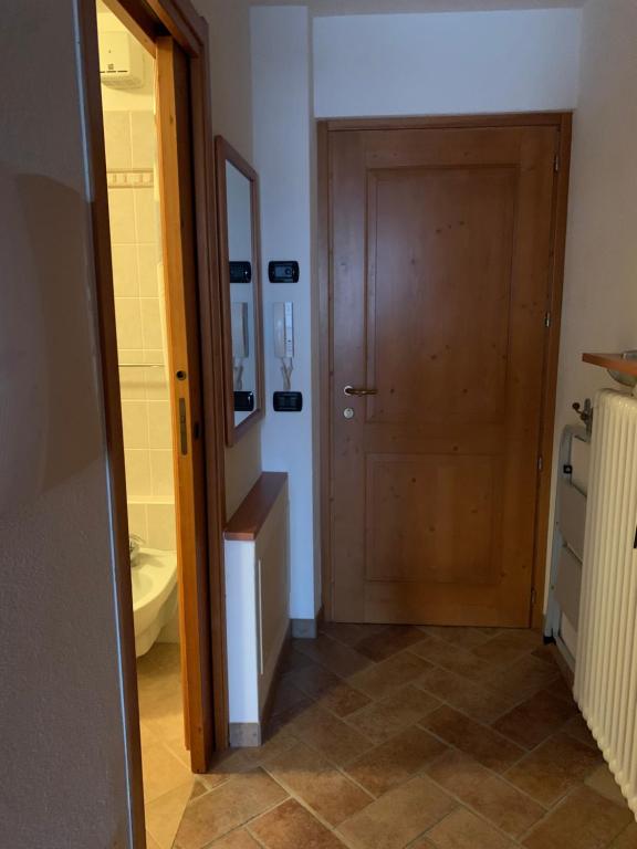 a bathroom with a wooden door and a sink at Monolocale Campodolcino in Campodolcino