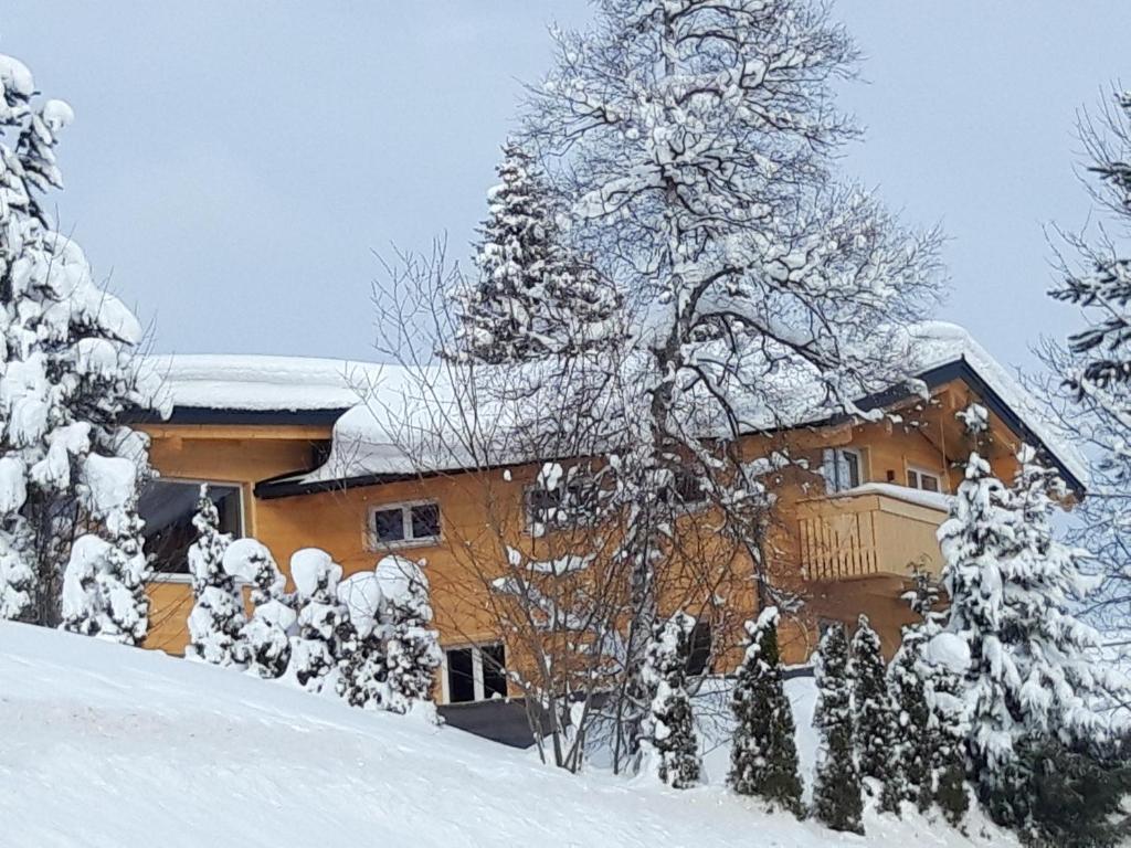 a log cabin in the snow with a tree at Ferienwohnung Riezler in Hirschegg