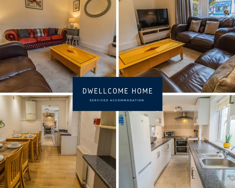 un collage de tres fotos de una sala de estar y una cocina en Dwellcome Home Ltd Spacious 8 Ensuite Bedroom Townhouse - see our site for assurance en South Shields