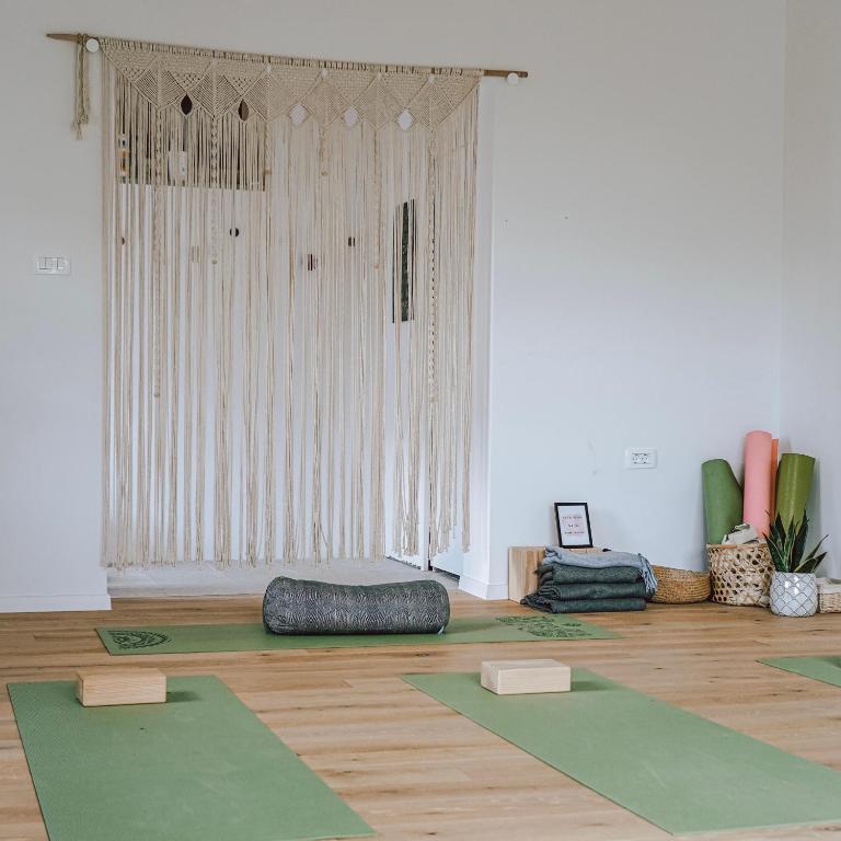 a room with four green yoga mats on the floor at Tmbin's barn - nature, horses, family in Sežana