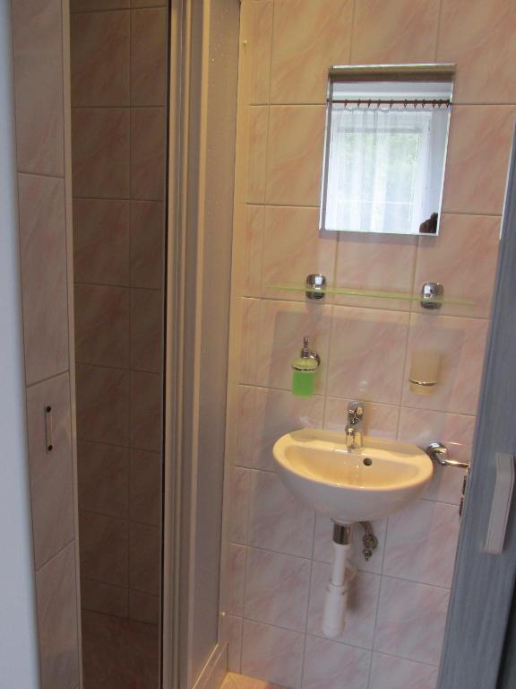 łazienka z umywalką i prysznicem w obiekcie Pension U Vlášků w Karlowych Warach