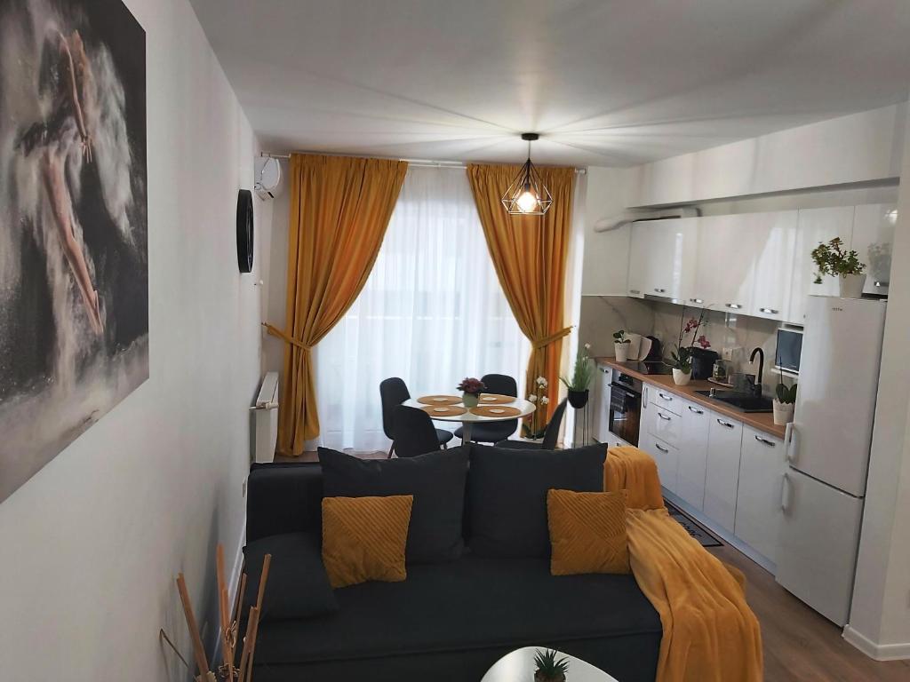 ein Wohnzimmer mit einem Sofa und einer Küche in der Unterkunft Apartament Luca P4B Oradea Prima Residence in Oradea