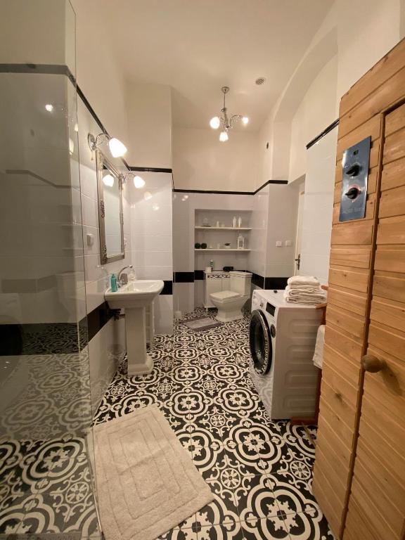 a bathroom with a shower and a sink and a toilet at Apartmány u sv. Michaela in Kadaň