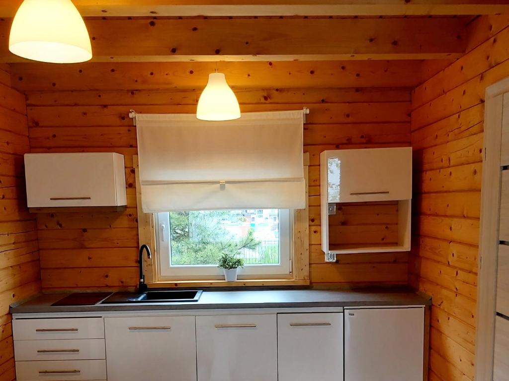 Kuchyň nebo kuchyňský kout v ubytování Biale Domki Paula Rewal - Domki z klimatyzacja, w obiekcie Jacuzzi i darmowe Wifi!