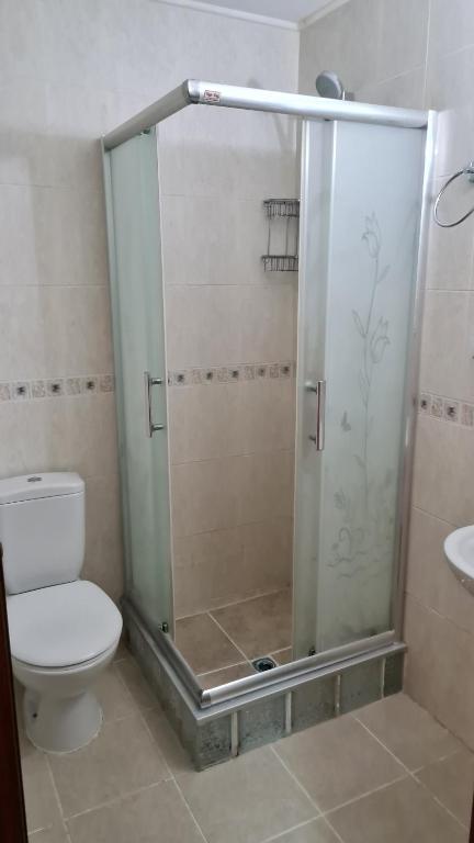 een badkamer met een douche, een toilet en een wastafel bij EMOS HOTEL in Istanbul