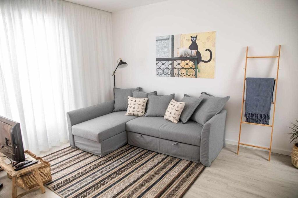 uma sala de estar com um sofá cinzento e uma televisão em Casa do Gato Boémio em Leiria