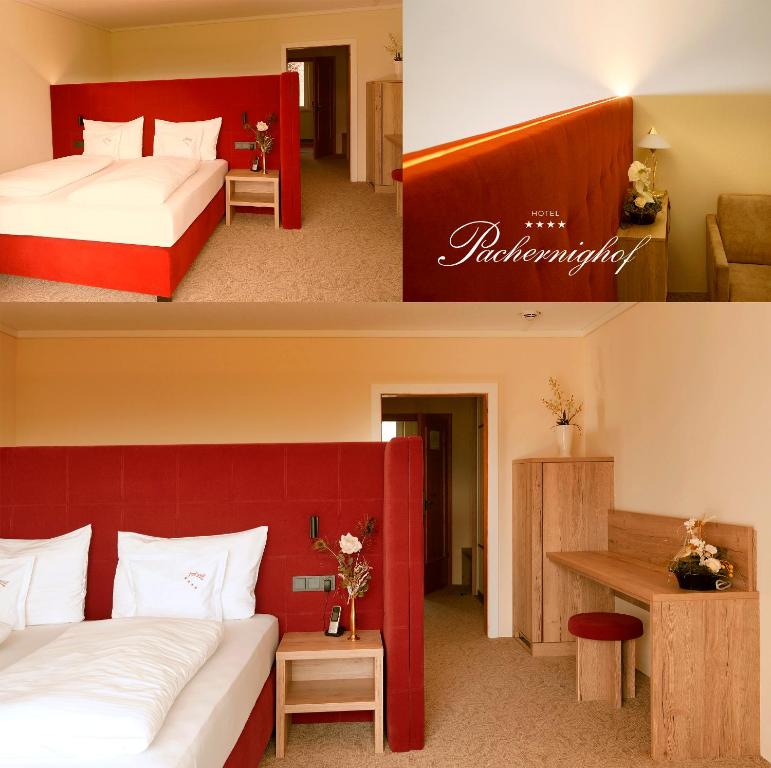 two pictures of a hotel room with two beds at Hotel Pachernighof in Velden am Wörthersee