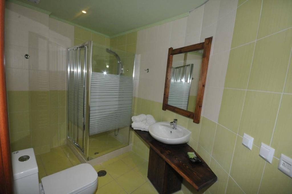 a bathroom with a sink and a shower and a toilet at Pasithei in Karpenisi