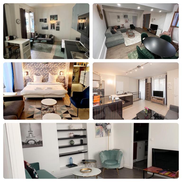un collage de quatre photos d'une chambre d'hôtel dans l'établissement Temple Apartments Paris, à Paris