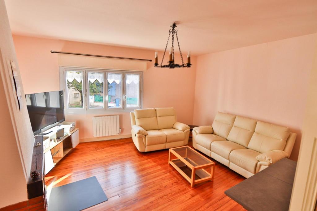 a living room with two couches and a table at APPARTEMENT 1 à 9 personnes Hagetmau coeur de ville in Hagetmau
