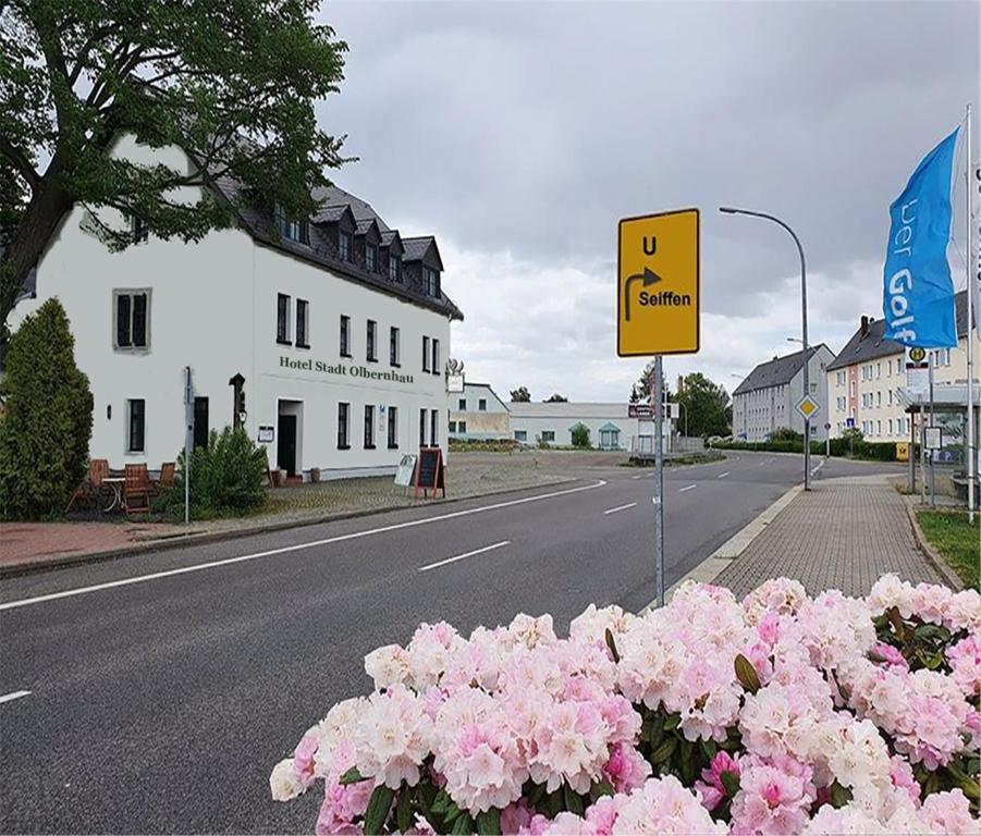 una calle con flores rosas al lado de una carretera en Hotel Stadt Olbernhau en Olbernhau