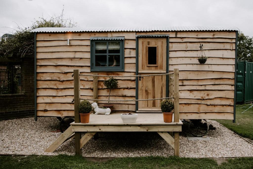 a tiny house with a cat sitting on a table at Angela's Rest Shepherds Hut with Scandi Hot Tub in Boston