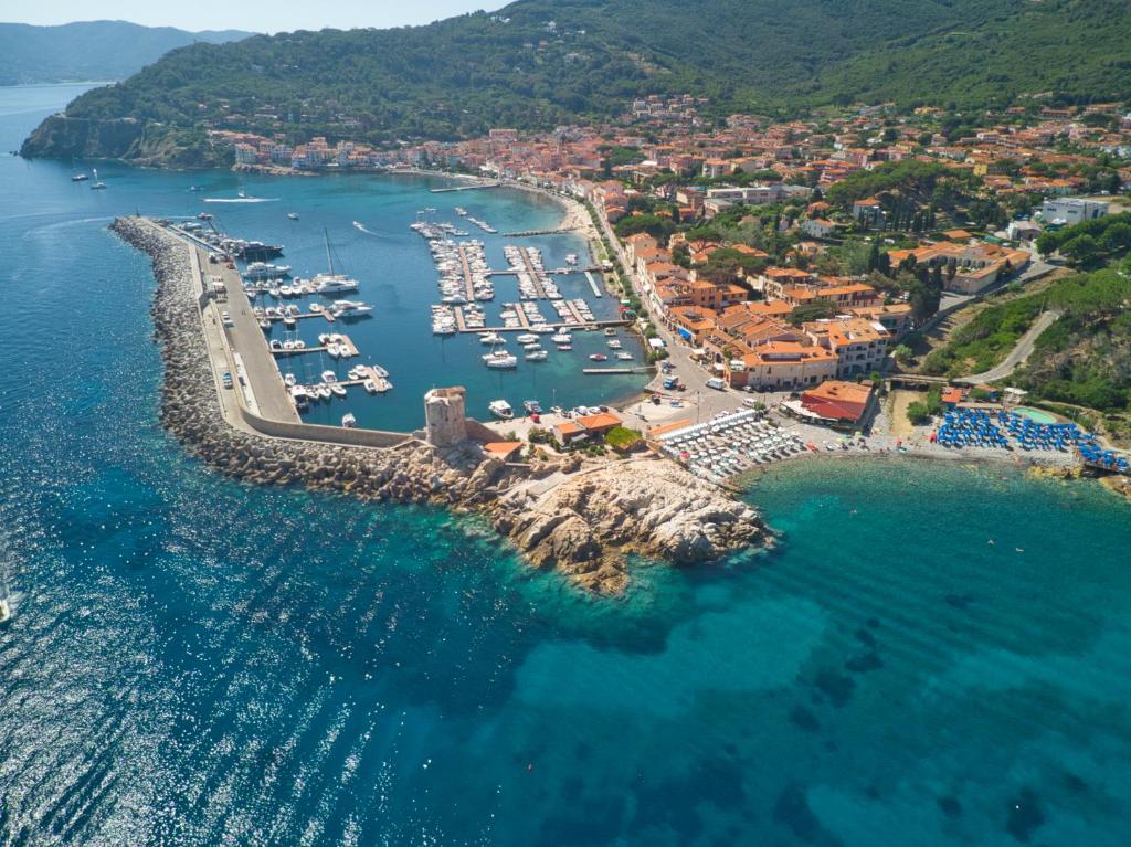 an aerial view of a harbor with boats in the water at Appartamenti Marciana Marina in Marciana Marina