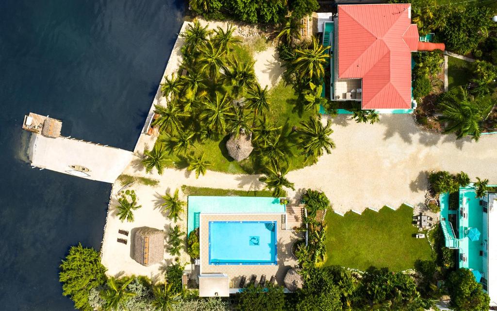 an aerial view of an island with a swimming pool at Gulf View Waterfront Resort in Marathon