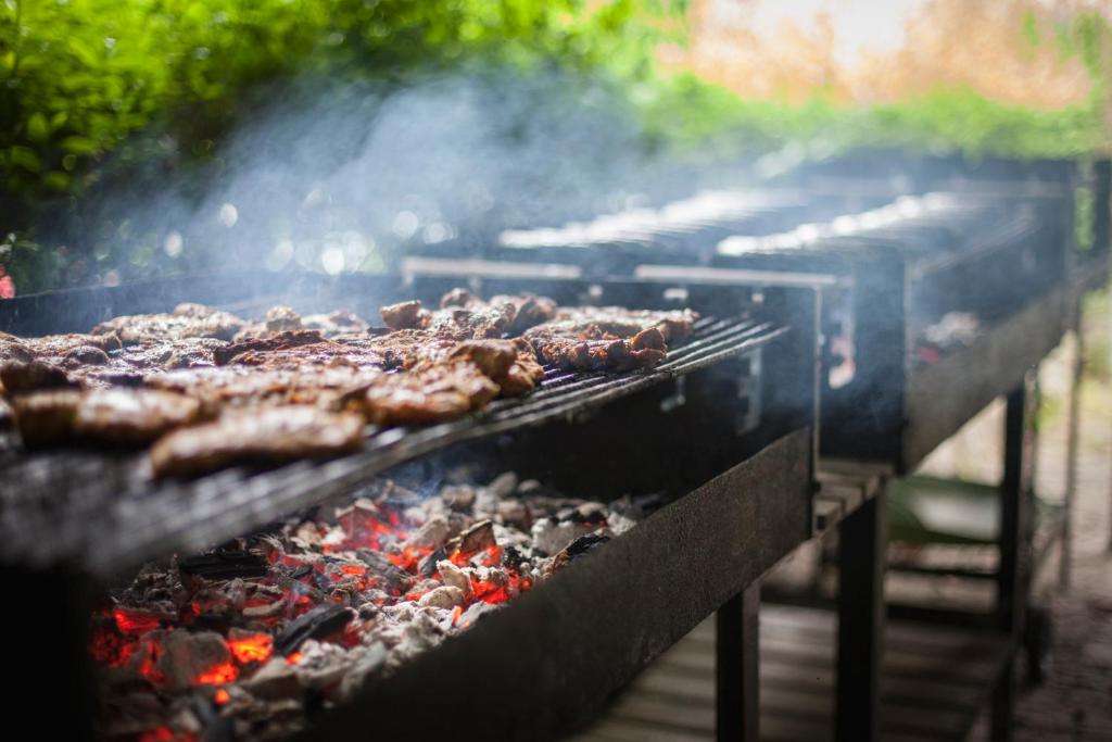 Row of charcoal grills cooking meat over glowing coals, smoky outdoor barbecue scene