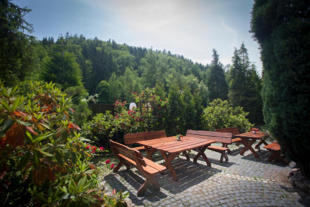 Wooden picnic tables on cobblestone terrace surrounded by lush greenery and forested hills